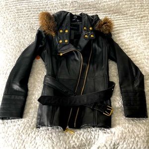 Vintage Victoria’s Secret Leather Jacket w Faux Fur Hood + Gold Hardware Size S